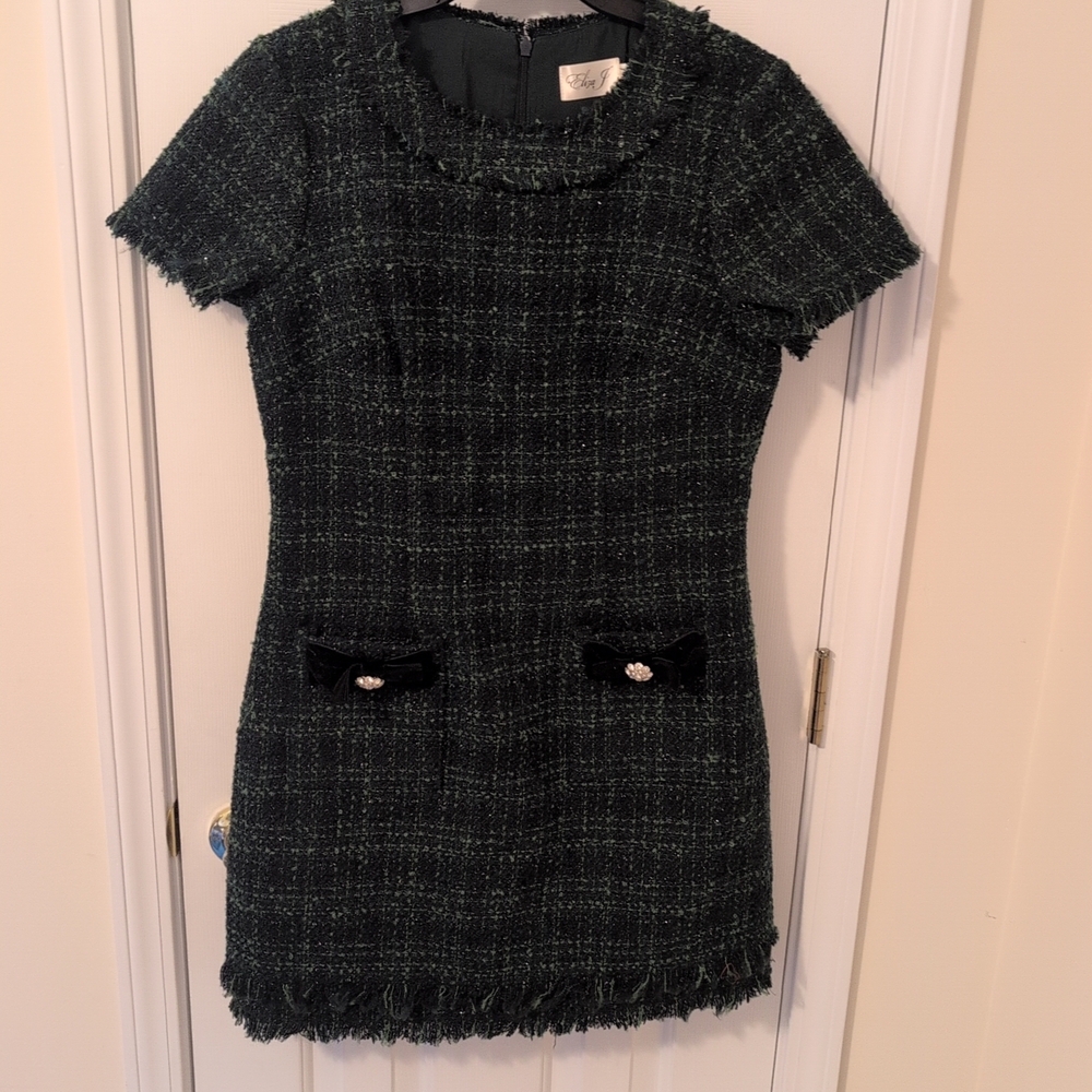 Eliza J Tweed Asymmetrical Dress in Black and Green